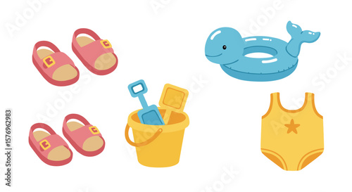 Beach essentials for kids: swimwear, toys, protective sandals, and float ring