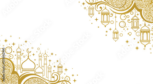 Elegant gold islamic geometric design with lanterns and mosque elements