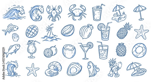 Hand-drawn summer icons collection: ocean waves, tropical drinks, beach vibes, and sea life