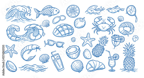 Nautical summer items in blue sketch style with beach elements