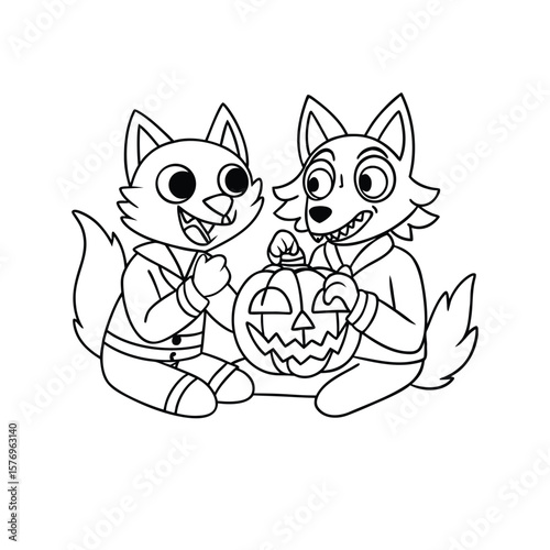 A vampire and werewolf posing together Halloween kids coloring book Vector illustration