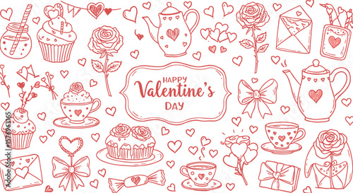 Charming valentine's day doodle pattern with hearts, roses, and cupcakes on white background