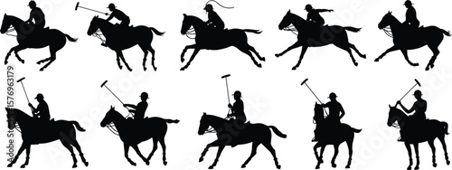 Horse polo players in action, silhouette vector illustration, riding horses, holding mallets, sports competition, dynamic motion, equestrian polo match scene.