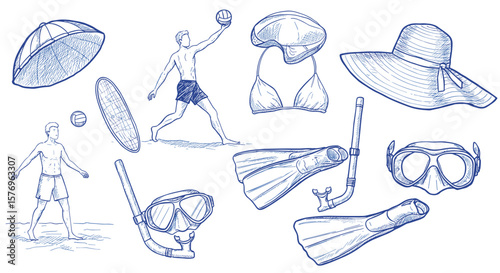 Summer beach essentials in hand-drawn blue sketch style for vacation adventures