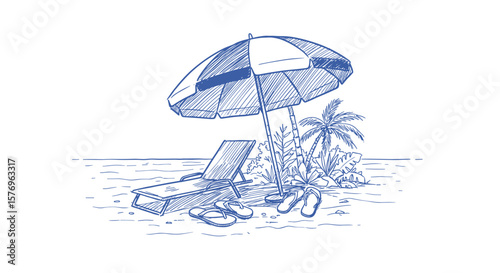Hand drawn beach relaxation scene with umbrella and sand