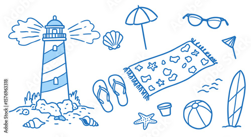 Coastal beach essentials in hand drawn style for summer fun