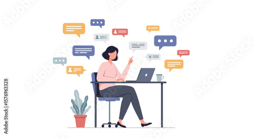 Woman freelancing at home desk with laptops and chat bubbles