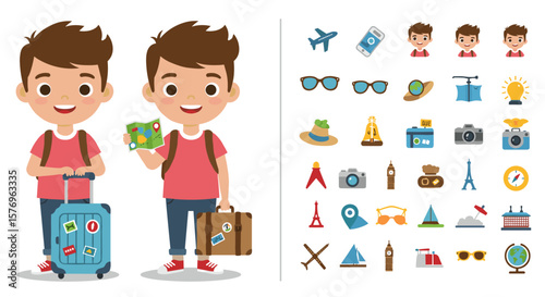 Cartoon traveler boy chooses vacation with vector icons of travel essentials