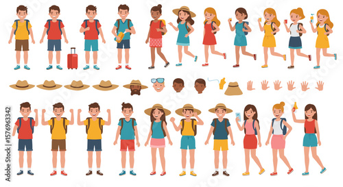 Diverse characters in casual summer outfits with accessories and expressions