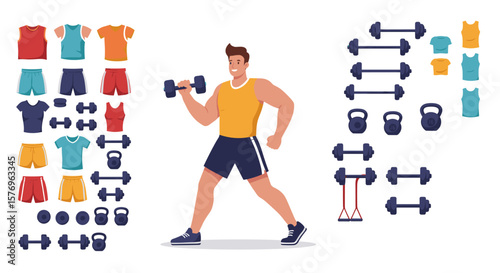 Fitness enthusiast lifting dumbbells with gym equipment and activewear on white background