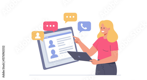 Smiling woman engaging with communication icons on tablet display