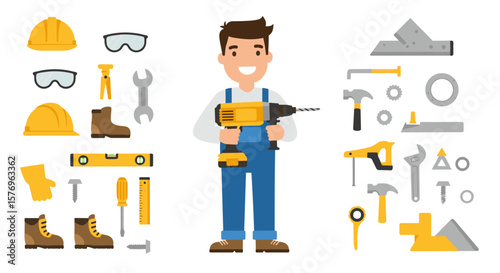 Construction worker with tools and safety gear in flat style