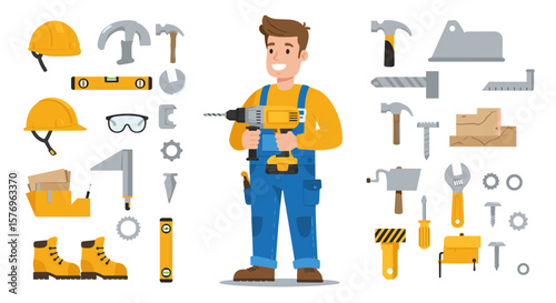 Cartoon construction worker with tools collection for safety and building projects