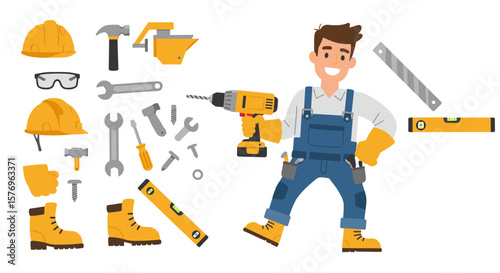 Handy worker character with tools in modern flat style for diy projects