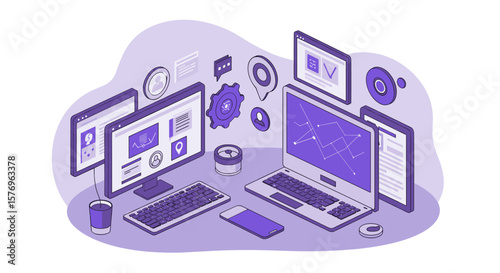 Modern isometric workspace with computers and digital elements in purple tones