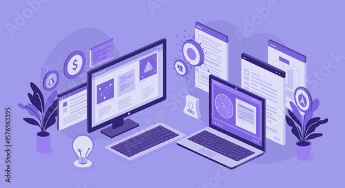 Isometric workspace with computers and analytics on purple background for tech design