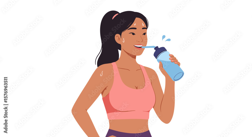 Athlete refreshing with water bottle in minimalist art style on white background Athlete refreshing with water bottle in minimalist art style on white background