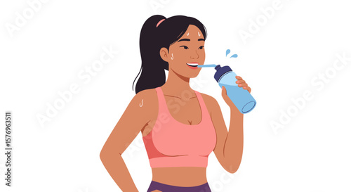 Athlete refreshing with water bottle in minimalist art style on white background