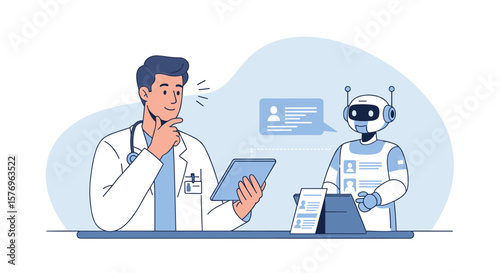 Doctor with tablet consulting robot assistant in modern healthcare environment