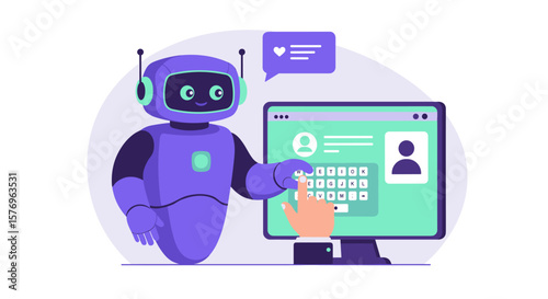 Friendly robot assisting with computer login in modern flat design
