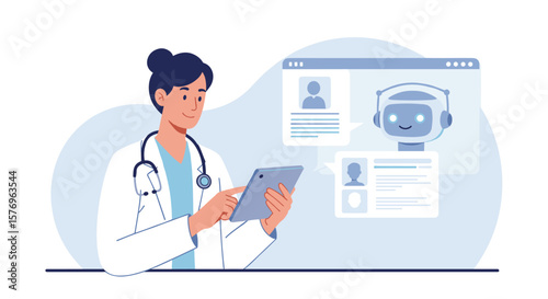 Doctor interacting with digital assistant in modern healthcare setting