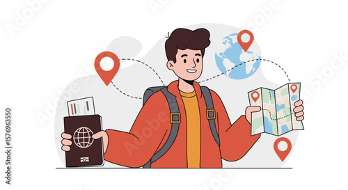 Traveler exploring with map and passport amidst global locations in modern cartoon style