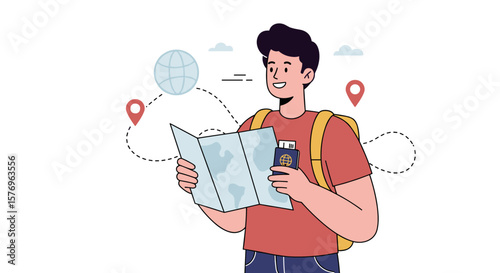 Traveler exploring map with passport and backpack on a global adventure