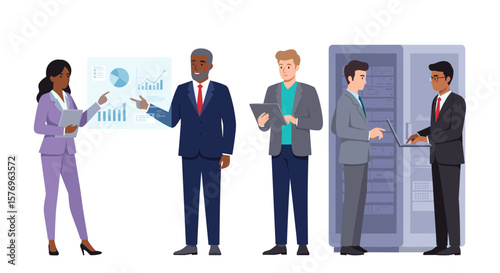 Business team analyzing data in server room with diverse professionals