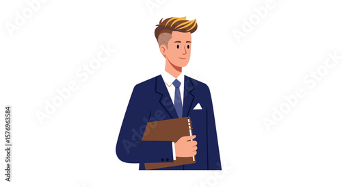 Young businessman with notebook in blue suit smiling on white background