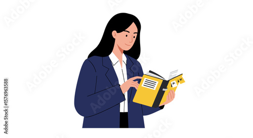 Businesswoman reading a book with notes in professional attire