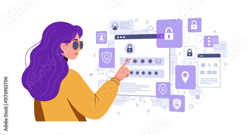 Digital security interface visualization with purple accents and user interaction