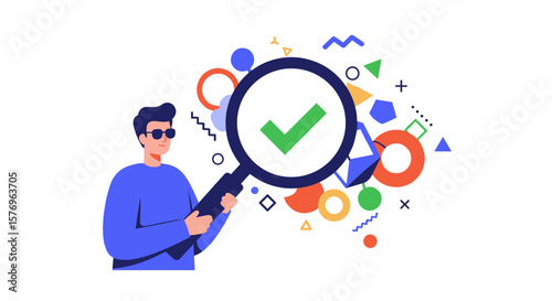 Man with magnifying glass analyzing colorful geometric shapes in modern flat style
