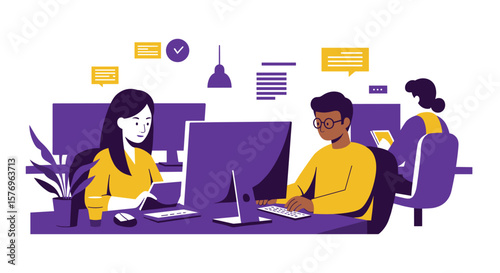 Modern office teamwork scene with people working at desks in flat design style