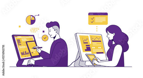 Flat design team analyzing data on computers with infographics