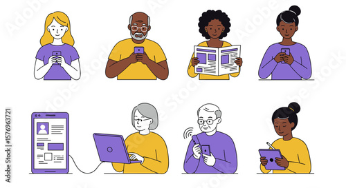 Diverse people engaging with technology in minimalist design