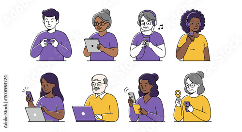 Diverse group of people using technology devices in cartoon style