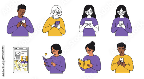 Diverse characters engaging with technology and books in flat design style
