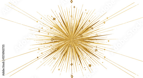 Golden radiant burst with geometric sparkles on white background