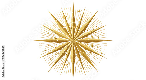 Golden geometric sunburst with sparkling star elements