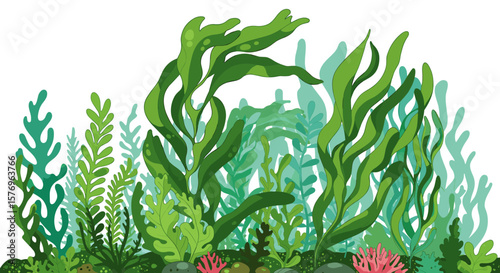 Underwater seaweed garden with vibrant greenery and ocean plants