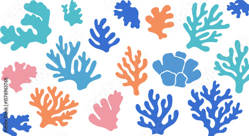 Colorful coral shapes isolated on white background: marine plant elements collection