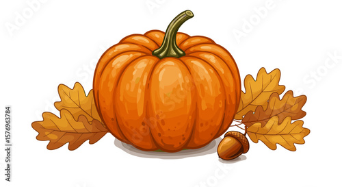Autumn harvest pumpkin with oak leaves and acorn in cartoon style