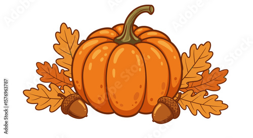 Autumn harvest pumpkin with oak leaves and acorns