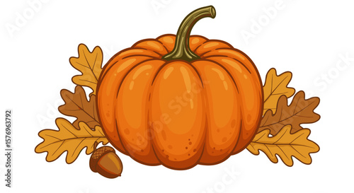 Autumn pumpkin with oak leaves and acorn in cartoon style