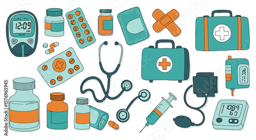 Colorful medical tools and equipment set in cartoon style