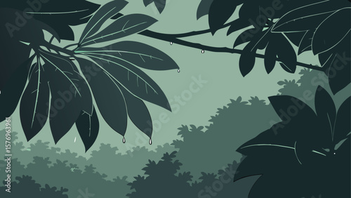 Silhouette of a man standing in the rainy forest surrounded by floral and leafy nature patterns