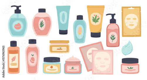 Colorful collection of skincare product packaging with modern flat design