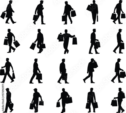 Silhouettes of men walking, shopping bags in hand, urban consumer lifestyle, isolated on white, retail concept, marketing illustration