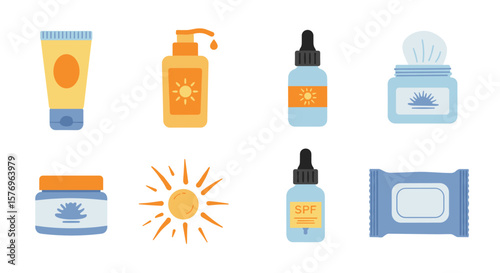 Flat style sunscreen icons set featuring creams, lotions, and spf products