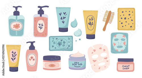 Colorful flat design skincare set with creams, lotions, and masks